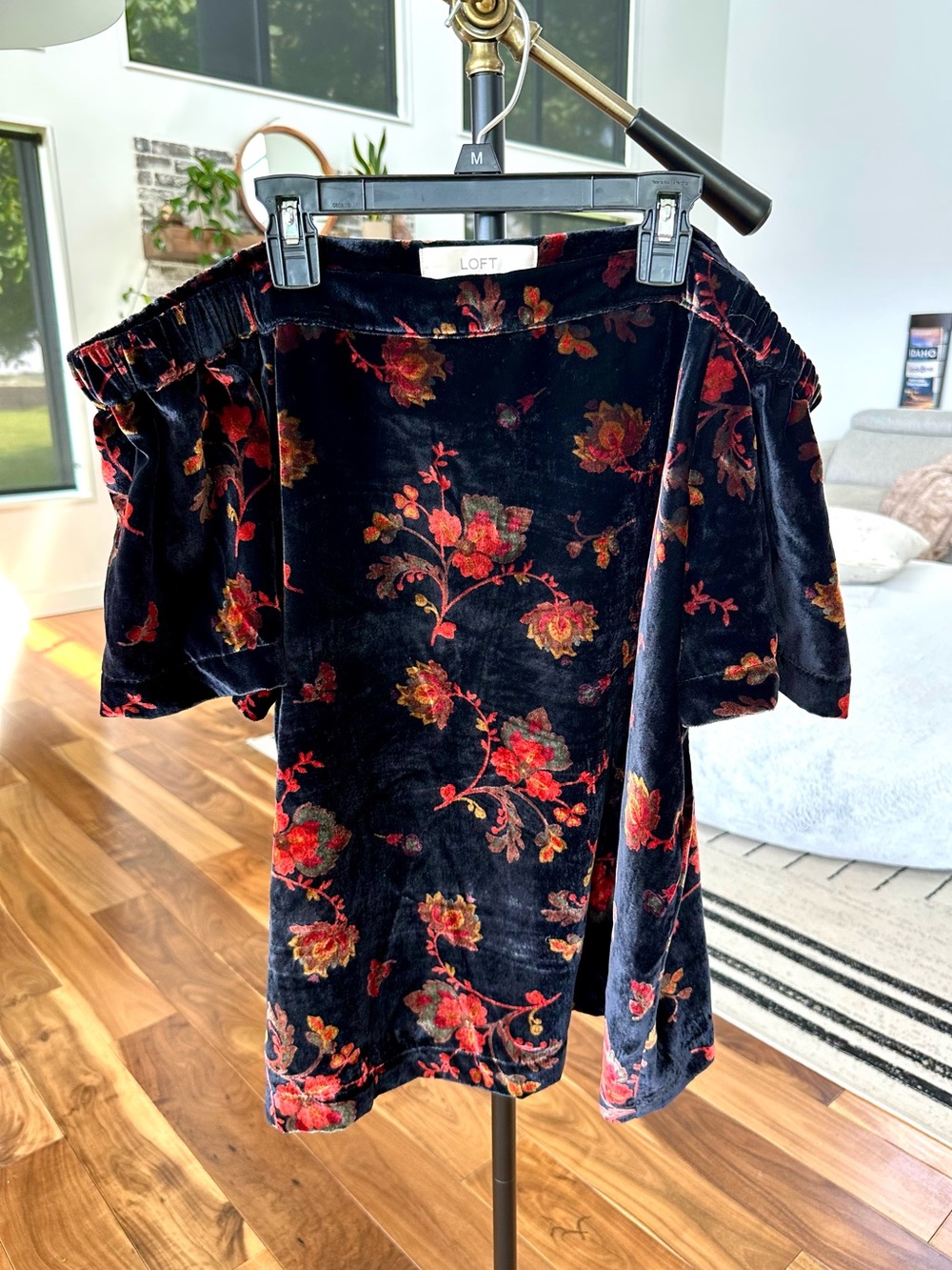 NWOT! LOFT Black Velvet Off-Shoulder Floral Blouse